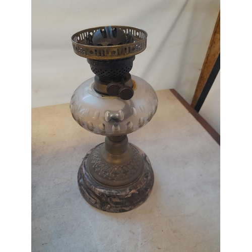 403 - Late Victorian paraffin lamp with agate pottery base and cut glass reservoir