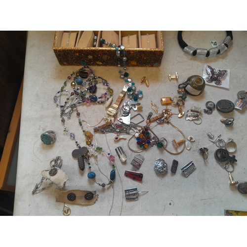 460 - array of costume jewellery some in boxes , 9 ct gold case earrings, Inglewood silver badge, train an... 