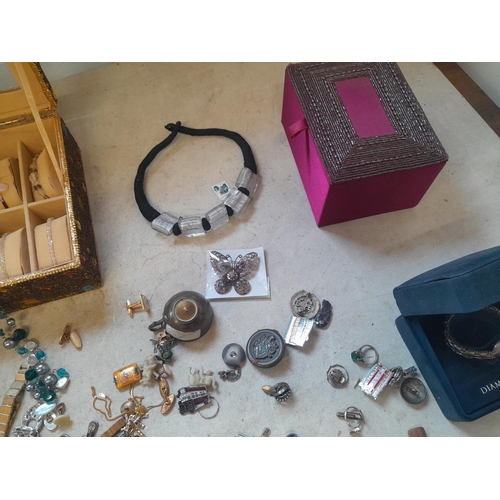 460 - array of costume jewellery some in boxes , 9 ct gold case earrings, Inglewood silver badge, train an... 