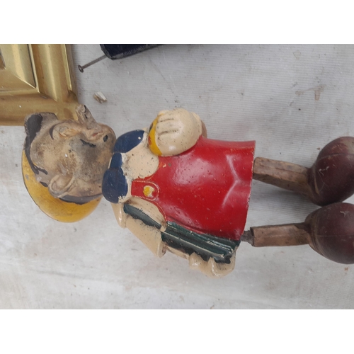 486 - Vintage rubber Pinocchio clockwork toy (rubber now solid), copper coaching horn, trade cards in albu... 