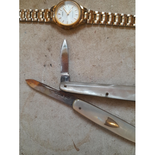 15 - Modern wristwatches, penknives : 1 x silver blade mother of pearl knife