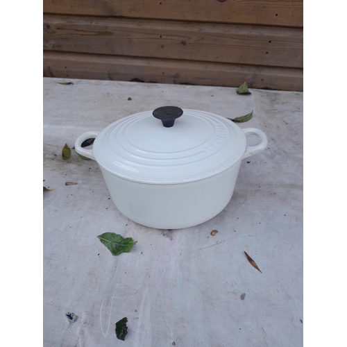 24 - Le Creuset cast iron pan and lid and other cast iron , resin bust, metal ware, majolica plates, Amer... 