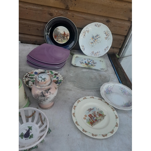 43 - Box of various decorative china :  Beatrix Potter plate etc.