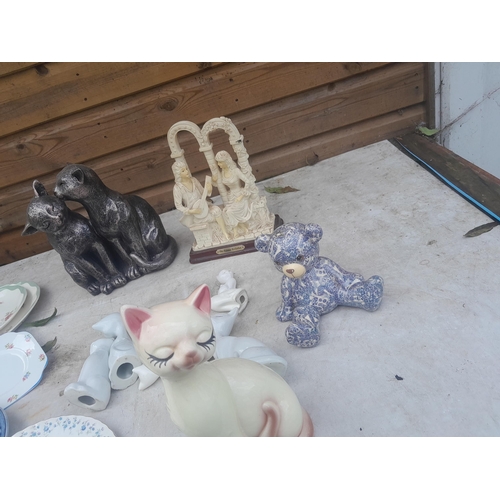 46 - Decorative ornaments : resin and pottery cats, Halina 8 x 30 binoculars,