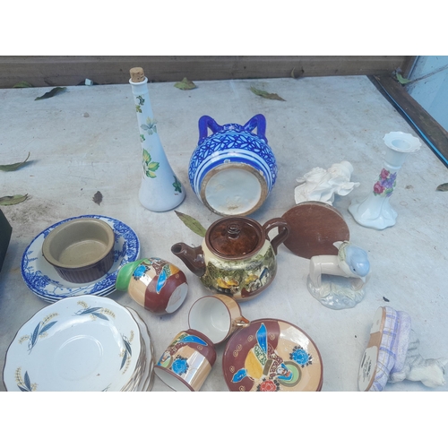 49 - Decorative china and ornaments : Indian blue and white pot, mobile phone, Torquay ware tea pot etc.