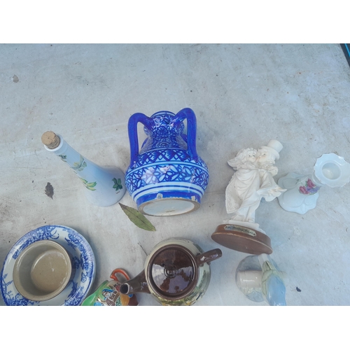 49 - Decorative china and ornaments : Indian blue and white pot, mobile phone, Torquay ware tea pot etc.