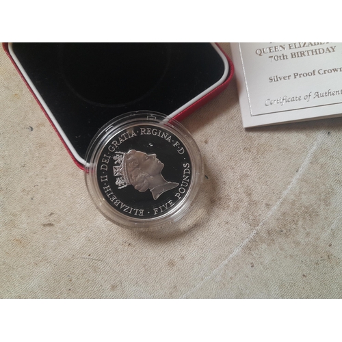 62 - Royal Mint QEII 70th birthday commemorative Silver Proof Crown in presentation case with cert