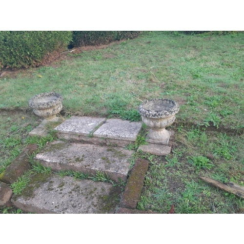 103 - Composite stone garden statues : small rectangular planter ,pair of vases on damaged plinths, bust o... 