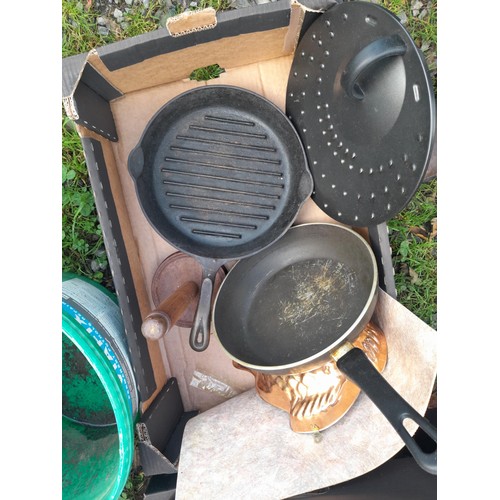 24 - Le Creuset cast iron pan and lid and other cast iron , resin bust, metal ware, majolica plates, Amer... 