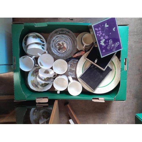 109 - Various boxes of decorative china glass cutlery Royal Doulton horse, mirror etc.