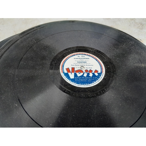 450 - Books prints & small stack of mixed themed 78 records V Discs for US military personnel