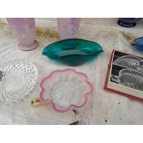 3 - Assorted coloured and clear glassware, Victorian crimped jugs etc.