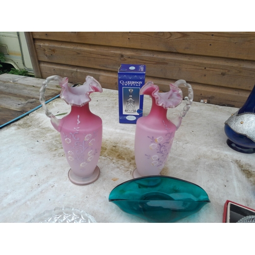 3 - Assorted coloured and clear glassware, Victorian crimped jugs etc.