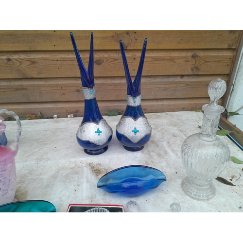 3 - Assorted coloured and clear glassware, Victorian crimped jugs etc.