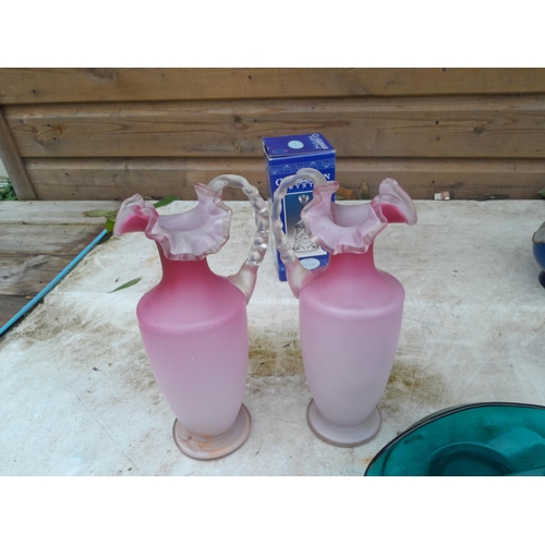 3 - Assorted coloured and clear glassware, Victorian crimped jugs etc.