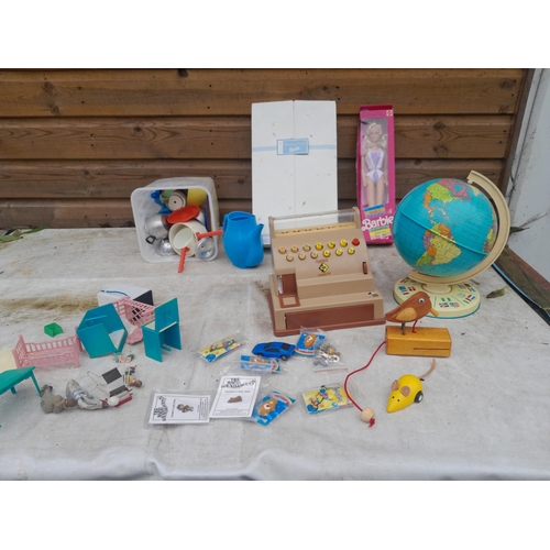 10 - Childs toys : boxed Barbies, dolls house furniture, small globe , cash register etc.