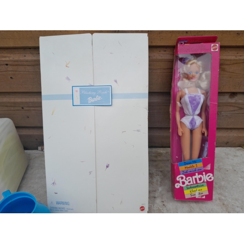 10 - Childs toys : boxed Barbies, dolls house furniture, small globe , cash register etc.