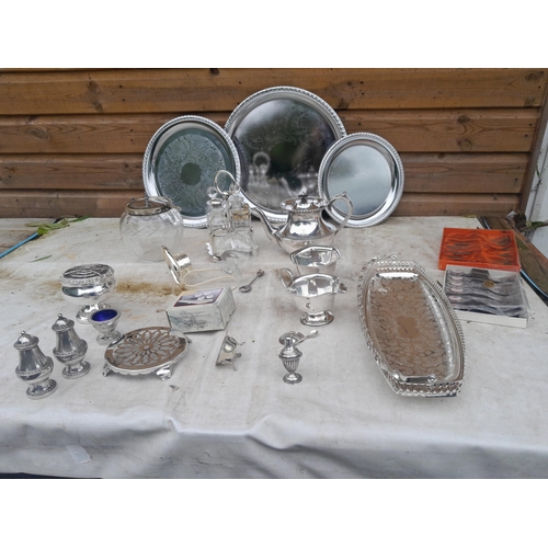 11 - Silver plated ware : cut glass cruet etc.