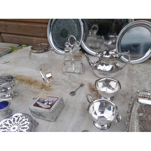 11 - Silver plated ware : cut glass cruet etc.