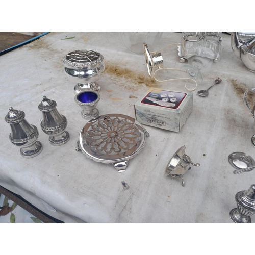 11 - Silver plated ware : cut glass cruet etc.