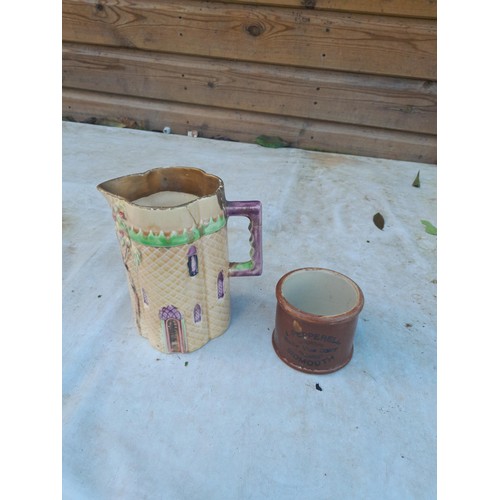 20 - Stoneware advertising pot (Sidmouth interest), damaged majolica jug , Galvanised coal hod, bucket an... 