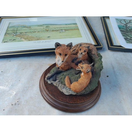 54 - Hunting prints, resin fox and pair of glass candlesticks