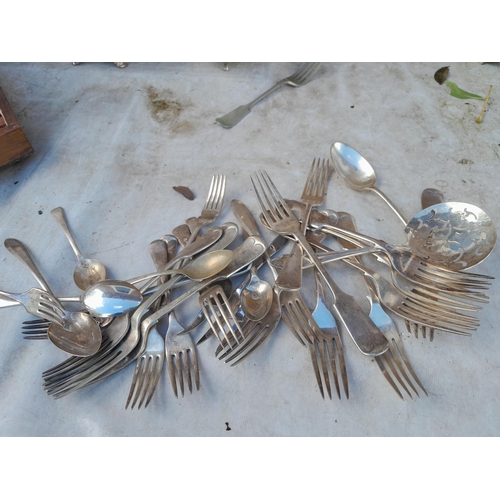 56 - Silver plated cutlery and partially filled oak canteen of cutlery