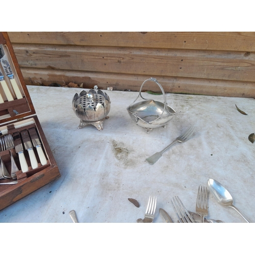 56 - Silver plated cutlery and partially filled oak canteen of cutlery