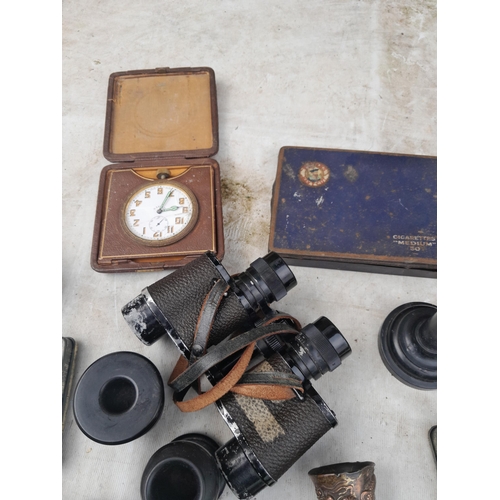 68 - Box of oddments : damaged Chinese cloisonne lid, binoculars, tins, travelling clock etc.