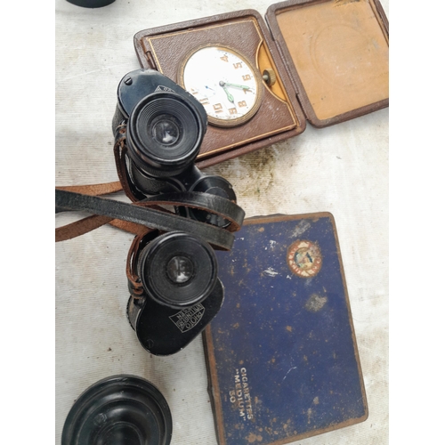 68 - Box of oddments : damaged Chinese cloisonne lid, binoculars, tins, travelling clock etc.