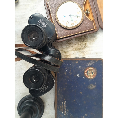 68 - Box of oddments : damaged Chinese cloisonne lid, binoculars, tins, travelling clock etc.