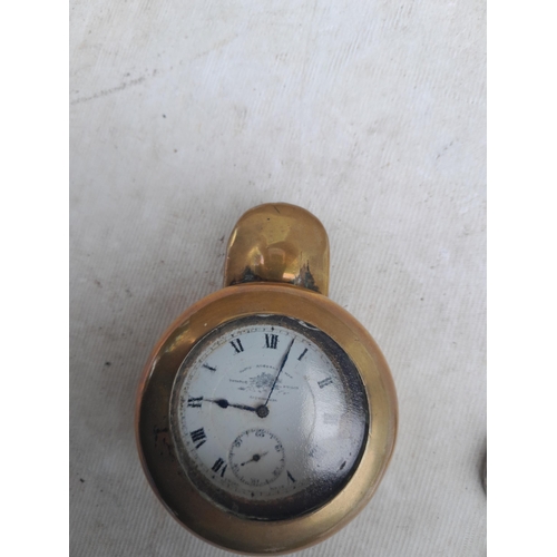 74 - Gold plated pocket watch in brass travelling case and silver case wristwatch