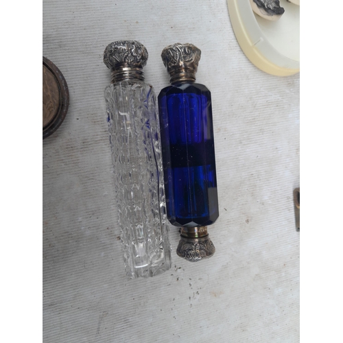 81 - 1 x Bristol blue glass silver double cap scent bottle and one other, empty Georg Jensen box, metal b... 