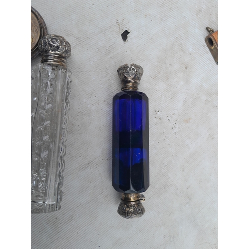 81 - 1 x Bristol blue glass silver double cap scent bottle and one other, empty Georg Jensen box, metal b... 