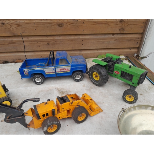 89 - Various vintage Tonka toys, plated dish and four branch candlestick