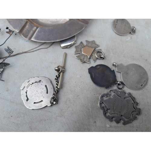 97 - Assorted silver items, some for scrap, ashtray, medallions etc