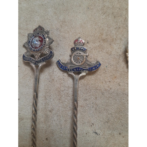 130 - Military cap badges buttons, silver and enamel regimental teaspoons