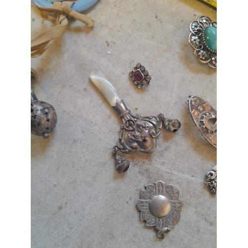 138 - Assorted silver items, costume jewellery, bracelet, medallion, damaged baby rattle etc.