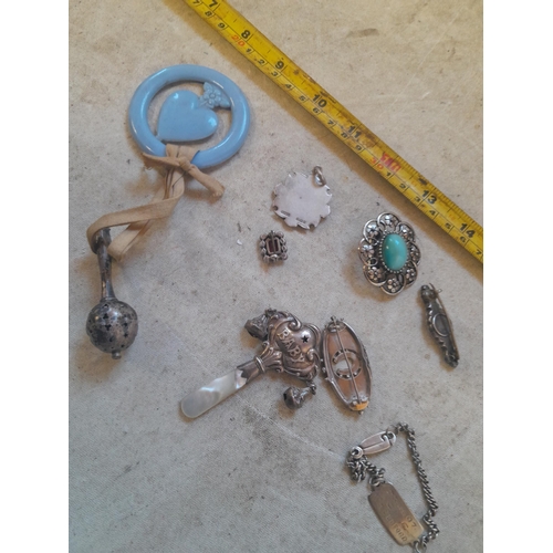 138 - Assorted silver items, costume jewellery, bracelet, medallion, damaged baby rattle etc.