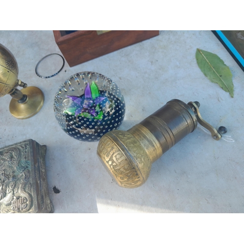 145 - Decorative china : Persian brass spice mill, paperweight, brassware etc.