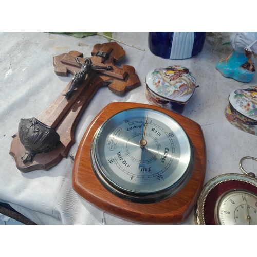 154 - Assorted decorative china, wooden crucifix, pottery jars, Pratt ware pot lid etc.