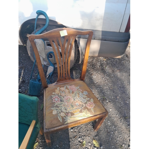 185 - Indian machine rug, Edwardian bedroom chair, Georgian oak frame side chair 2 x painted wooden stork ... 