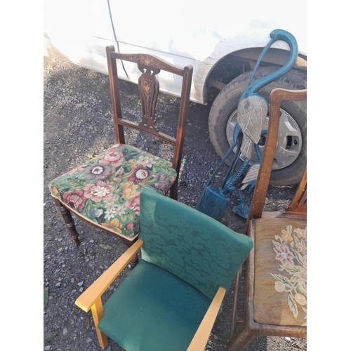 185 - Indian machine rug, Edwardian bedroom chair, Georgian oak frame side chair 2 x painted wooden stork ... 