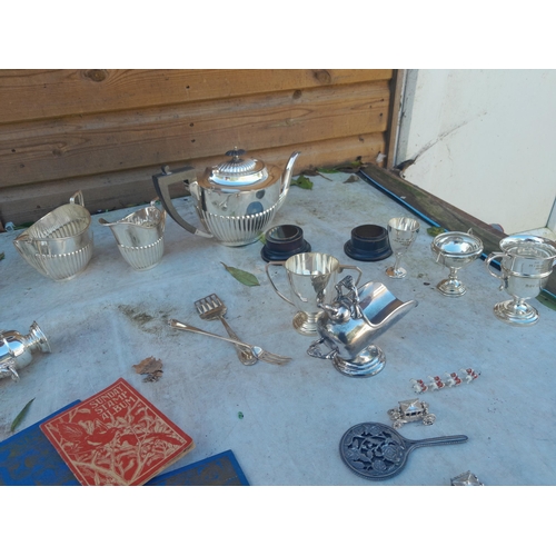 206 - Silver plated ware, trophies, Sunday stamp collections, plated tea set