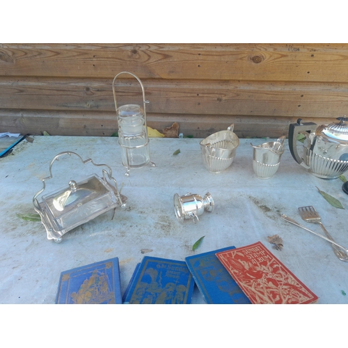 206 - Silver plated ware, trophies, Sunday stamp collections, plated tea set