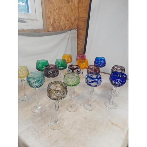 250 - Good collection of Bohemian coloured glass hock glasses, all in good order