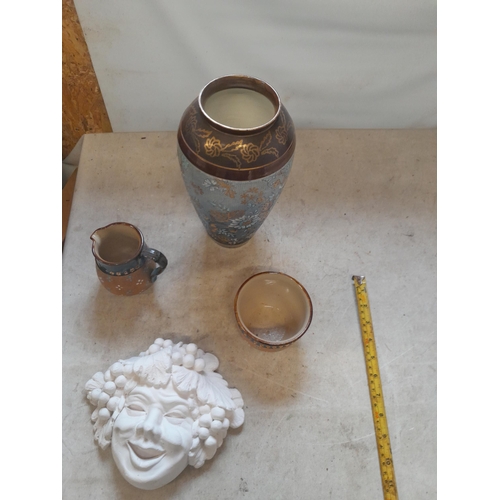 263 - Royal Doulton stoneware vase, jug and pot and plaster face plaque