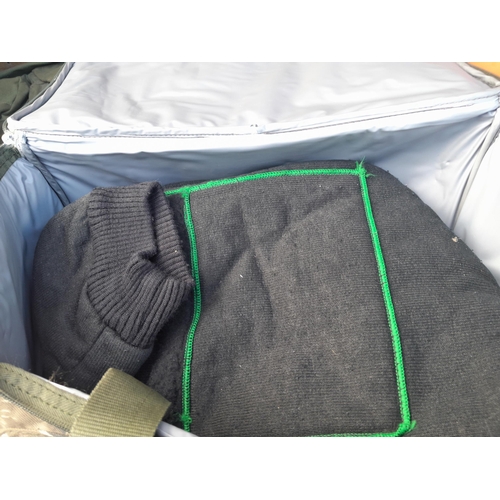 303 - Assorted cold weather fishing clothes, back packs fishing seat stool, camping sleeping roll mat, emp... 