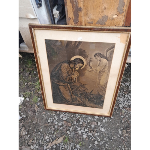 325 - Vintage mirror, 19th century copper warming pan and quasi religious prints