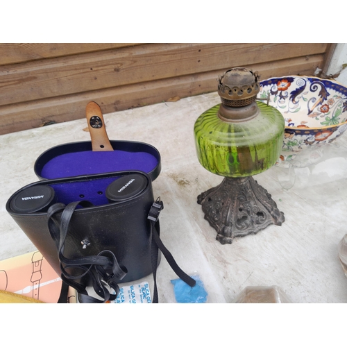 338 - Edwardian cast iron base paraffin lap, Miranda binoculars, fruit bowl etc.